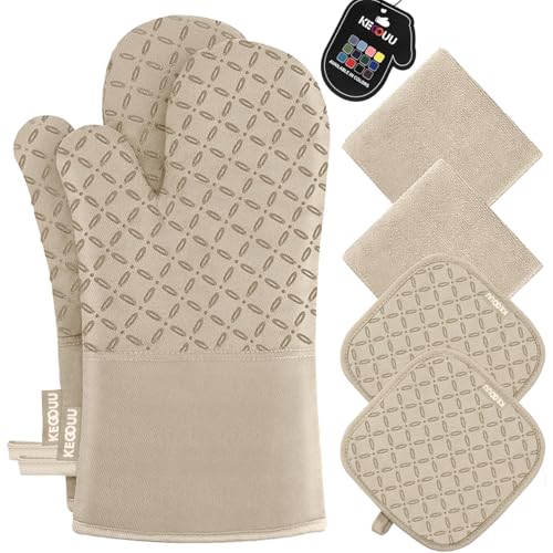 KEGOUU Oven Mitts and Pot Holders 6pcs Set, Kitchen Oven Glove High Heat Resistant 500 Degree Extra Long Oven Mitts and Potholder with Non-Slip Silicone Surface for Cooking (Almond) - color: Almond