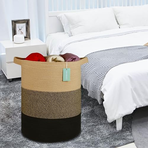 Cotton Rope Blanket Basket, 72L Tall Laundry Hamper, Brown & Black | 16"x 22", Large Collapsible Woven Nursery Hamper with Sturdy Handles for Clothes Toys Towels, Bedroom Living Room Bathroom - color: Brown & Black, size: 72L (16"x22")