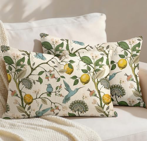 Corduroy Lumbar Pillow Covers 20x12 Inch - Set of 2 Decorative Summer Spring Pillow Covers with Zipper Farmhouse Decor Cottage Throw Pillowcases for Couch Sofa Living Room Bedroom, Lemon Bird - color: Lemon Bird, size: 20" x 12" (Pack of 2)