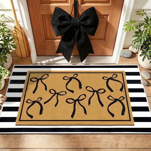 2 Pcs Layering Door Mats for Outdoor Entrance Striped Rugs Bow Coir Doormat | Non-slip, durable, low profile, black white stripe layered rugs, housewarming gift, for outside front door patio, 23.6"x35.4" - color: 2 Pcs Coir Bowtie