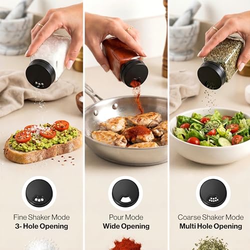 Glass Spice Jars with Labels & Black Rotating Lids – 12 Large Square Airtight Containers 6.7 oz / 200ml with Shaker Inserts, Funnel & 160 Waterproof Labels for Kitchen Pantry Organization