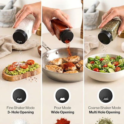 Glass Spice Jars with Labels & Black Rotating Lids – 12 Large Square Airtight Containers 6.7 oz / 200ml with Shaker Inserts, Funnel & 160 Waterproof Labels for Kitchen Pantry Organization