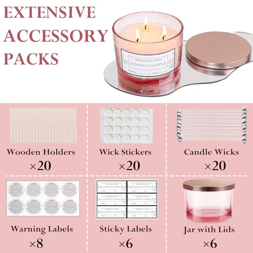 CONNOO 6 Pack 16oz Pink Wide Mouth Glass Candle Jars | Come with Metal Lids Sticky Warning Labels and a Candle Wick Kit for Candle Making- Dishwasher Safe - color: 6 Pack-Shiny Pink