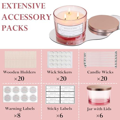 CONNOO 6 Pack 16oz Pink Wide Mouth Glass Candle Jars | Come with Metal Lids Sticky Warning Labels and a Candle Wick Kit for Candle Making- Dishwasher Safe - color: 6 Pack-Shiny Pink