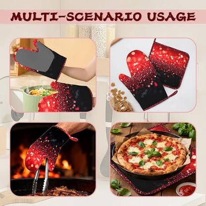 Red Gradient Sparkle Heat-Resistant Silicone Oven Mitts and Pot Holders,Long Oven Gloves with Non-Slip Grip for Cooking, Baking, Grilling,BBQ - color: Red Gradient Sparkle