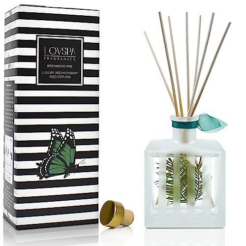 Reed Diffuser Set, Birchwood Pine Scented Oil Diffuser with Sticks, Home Fragrance Accessories for Bathroom Shelf Decor, Aroma Diffusers for Home or Office Desk, USA Made - color: Birchwood Pine, size: Modern Stripe/4.5 oz