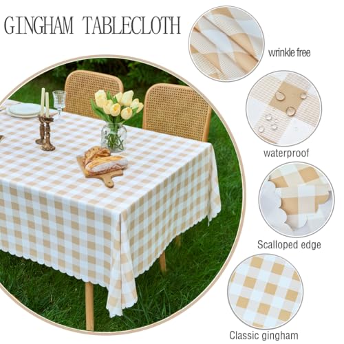 MANGATA CASA Tan Gingham Tablecloth Rectangle- Checkered Waterproof Tablecloths-Polyester Buffalo Plaid Wrinkle Free Table Cloth(Light Brown 60x102in) - color: Light Brown, size: 102" x 60" (Rectangular)