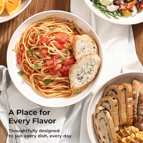 Y YHY 8.5" Pasta Bowls Set of 4, 30 oz Embossed Salad Bowls for Serving Soup, Noodle, Fruit, Dinner, Kitchen Deep Plates, Ceramic Dinnerware Sets, Soft White Dishes for Thanksgiving Day Gifts - size: 8.5 IN