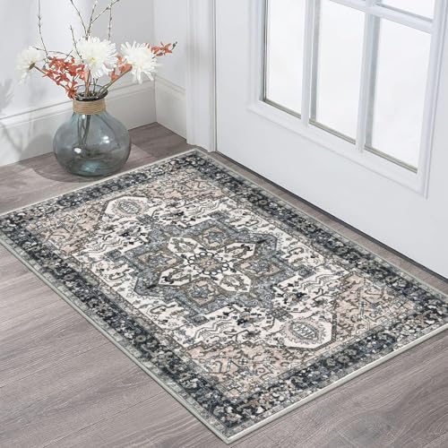 KOZYFLY Small Area Rug 2x3 Ft Rugs for Entryway Washable Boho Entry Rug Non Slip Door Mat Indoor Entrance Faux Wool Vintage Printed Kitchen Rug Throw Rugs for Entrance Kitchen, Blue Gray Black & Beige - color: Blue Gray Black & Beige, size: 2' x 3' (Recta