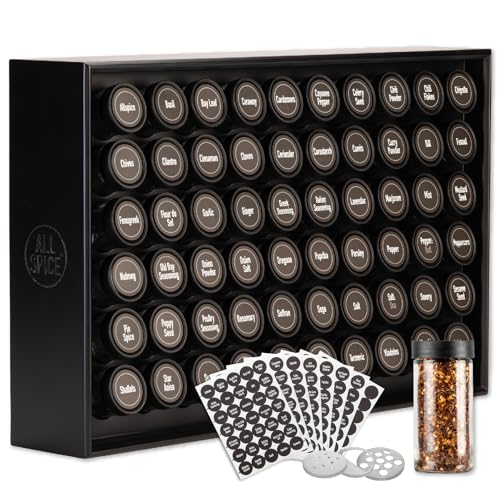 Spice Rack Organizer, Wood, 525 Unique Labels, Countertop or Wall Mount, Includes 60 4oz Jars- Matte Black - color: Matte Black, size: 60 Jar