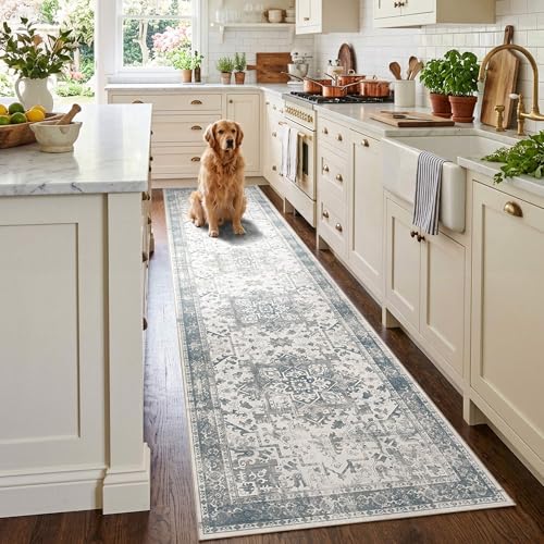 2x10 Blue Vintage Runner Rug for Hallways Kitchen | Soft,Machine Washable & Non Slip,Low Pile,Ideal for Girls Room, Nursery,Kids Room - color: Blue & Grey, size: 2' x 10' (Rectangular)