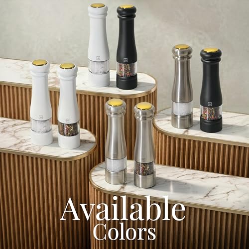 Styled Settings Electric Salt and Pepper Grinder Set, Silver | Automatic Stainless Steel Grinders, LED Light, Battery Operated, Adjustable Coarseness, Wood Base, Salt And Pepper Mill Set - color: Silver