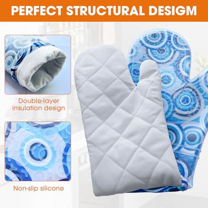 Silicone Oven Mitts Set Heat Resistant 2PCS Kitchen Mittens with Soft Cotton Lining Long Waterproof Non-Slip Oven Gloves for Cooking, BBQ, Baking-Blue - color: Blue