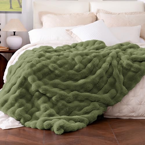 Ultra Soft Cozy Faux Fur Throw Blanket, Fuzzy Plush Thick Bubble Blanket, Oversize Luxury Fluffy Blanket for Couch, Bed, and Living Room, 60x80 Inches, Green - color: Green, size: Twin