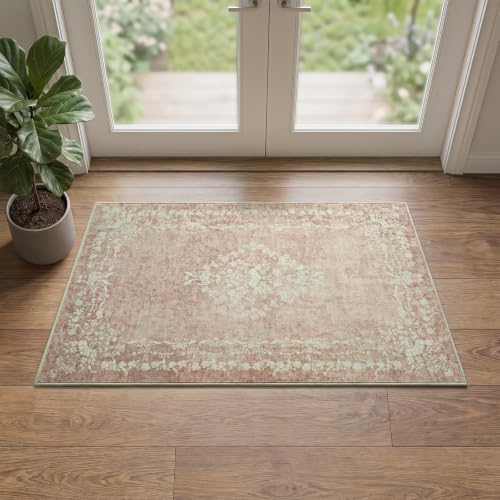 FlyDOIT Small Entryway Rug 2x3 Washable Area Rugs for Bathroom, Beige Pink | Vintage Boho Distressed Door Mat, Non-Slip Soft Low Pile Indoor Entrance Floor Carpet for Kitchen College Dorm Office Decor - color: Beige Pink, size: 2' x 3' (Rectangular)