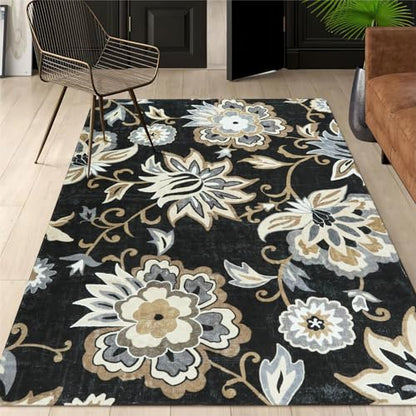 Lahome Floral Black Rug for Living Room - Washable 5 x 7 Area Rugs for Bedroom Non-Slip Ultra-Thin Large Rug Stain Resistant Dining Room Rugs, Paisley Print Accent Rugs Carpet for Office Kitchen | Non-Slip Ultra-Thin Large Bedroom Rug, Stain Resistant Din
