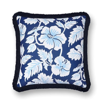 Hofdeco Premium Coastal Patio Indoor Outdoor Throw Pillow Cover Only, 20"x20" Water Repellent for Backyard, Couch, Navy Baby Blue Print Tropical Hisbucs Flowers - color: Navy Baby Blue Tropical Hisbucs Flowers 20"x20"