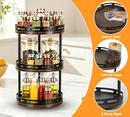 3 Tier Lazy Susan Organizer - 360° Rotating Spice Rack | Industrial Spinning Spice Rack, Versatile Wooden Lazy Susan for Kitchen Cabinet, Countertop, Pantry, Bathroom, Vanity - size: 3 Tier