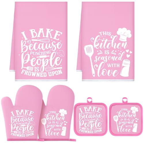 Sratte 6 Pcs Kitchen Decor Accessories Set, Kitchen, Light Pink | Farmhouse Kitchen Towels Pot Holders Oven Mitts Set 2 Dish Towels 2 Potholders 2 Cooking Mittens for Baking Cooking Supply - color: Light Pink, style: Kitchen