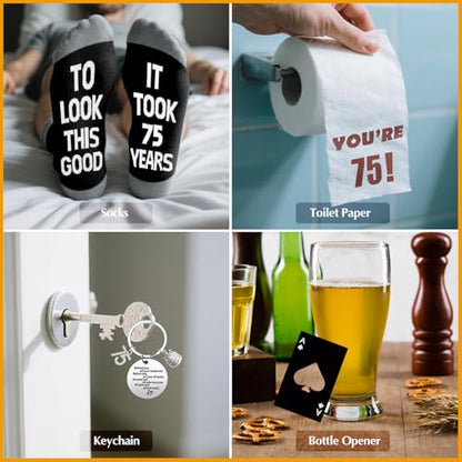 75th Birthday Gifts for Men Whiskey Glass Set, 75th Birthday Party Supplies with 11 Oz Whiskey Glass Coaster Stone Baseball Cap Apron Sock Toilet Paper Keychain for Him, Dad, Husband, Friends - style: 75th Birthday