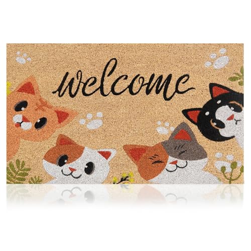 Coir Welcome Mat, Non-Slip, Cats, 17 x 29 in | 100% Natural Coir, Anti-Shedding, Durable PVC Backing, Traps Dirt and Mud, Indoor and Outdoor Entryway, Easy to Clean - color: Cats, size: 2'5" x 1'5" (Rectangular)
