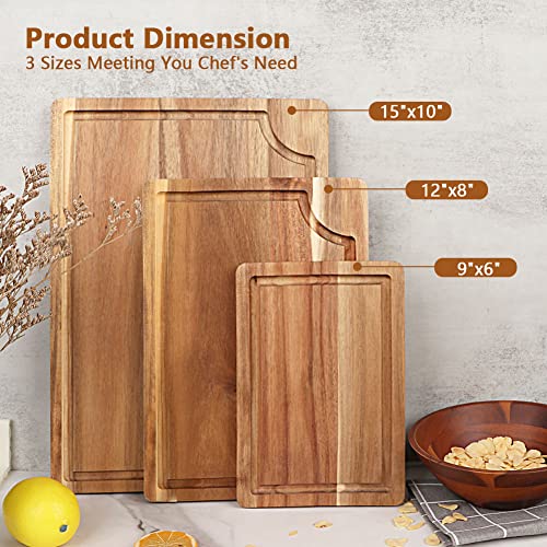 Acacia Wood Cutting Board Set with Juice Groove (3 Pieces), Organic Wooden Cutting Boards for kitchen, Butcher Block Cutting Board for Meat, Vegetable, Wooden Chopping Board 15x10, 12x8, 9x6 inch - color: Light Brown