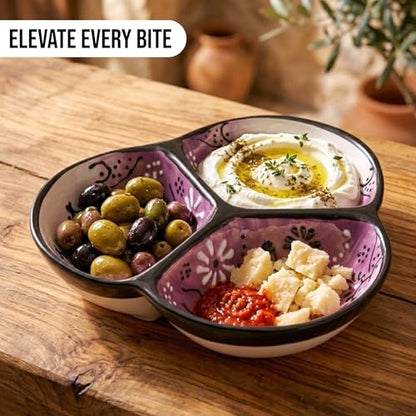 3-Compartment Ceramic Serving Dish, Handmade in Spain | 7.5” divided chip and dip bowl with lead-free glaze, microwave, oven and dishwasher safe, ideal for tapas, snacks and sauces - color: Onyx Lilac