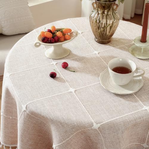 Laolitou Waterproof Tablecloths Rustic Lattice Tablecloth Cotton Linen Coffee Table Cloths for Kitchen Dining,Party,Holiday,Christmas,Buffet, Round, 55", 2-4 Seats - color: Coffee Plaids, size: 55" (Round)