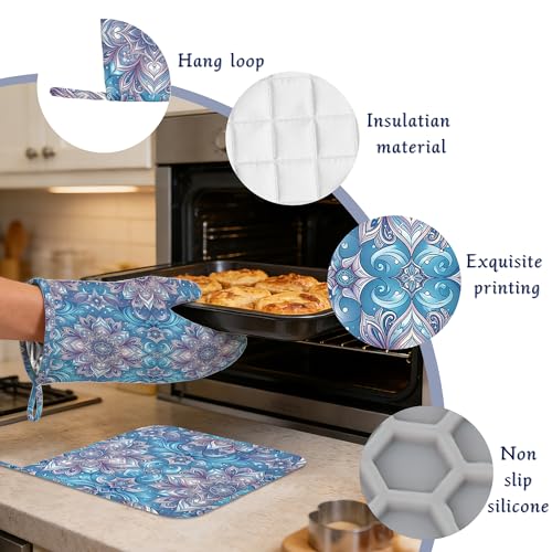 Mandela Flower Oven Mitts and Pot Holders Sets of 4 Abstract Boho Floral Heat Resistant Silicone Oven Mits Gloves Non-Slip Kitchen Mittens Potholders for Cooking Baking Grilling BBQ - color: Mandela Flower,abstract Boho Floral