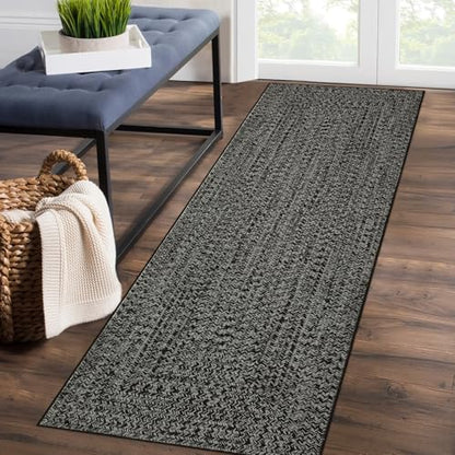 ROYHOME Runner Rug Print Braided Hallway Runner Rug Washable Entryway Rug | Stain Resistant Non-Slip Area Rug Farmhouse Solid Printed Textured Carpet for Bedroom Laundry Kitchen, Grey/Brown, 2' x 6' - color: Grey/Brown, size: 2' x 6' (Rectangular)