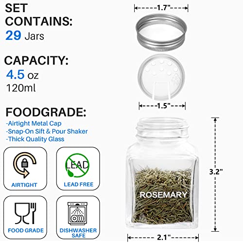 MIUKAA Unique Design Spice Jars with 372 Labels, 29-Pack 4.5 oz Personalized Cubic Clear Glass Spice Jars with Shakers, Lids, Empty Square Reusable Kitchen Storage Containers