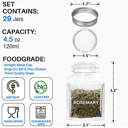 MIUKAA Unique Design Spice Jars with 372 Labels, 29-Pack 4.5 oz Personalized Cubic Clear Glass Spice Jars with Shakers, Lids, Empty Square Reusable Kitchen Storage Containers