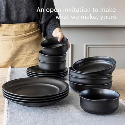 over&back Rim Dinnerware Set - Stoneware Dishes - Comes with 4 Dinner Plates, Salad Plates, Cereal Bowls, and Dinner Bowls - 16-Piece All-Occasion Place Settings - Serves Four - Semi-Matte Black - color: Black, size: Dinner Set | 16 Pieces