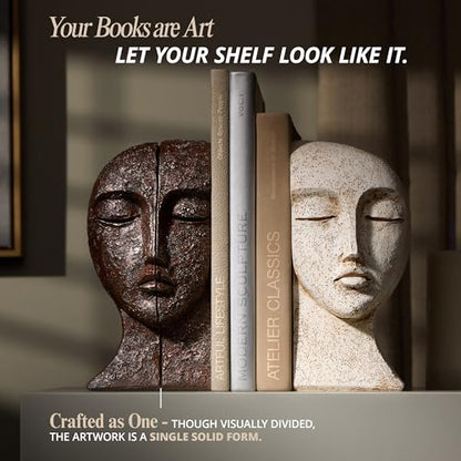 Heavy Duty Bookends for Heavy Books, Book Ends for Shelves, Unique Decorative Book Ends, Aesthetic Bookshelf Decor, Modern Home Decor Sculptural Book Holder/Book Stoppers, The Tranquil Faces