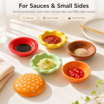 6-Piece Stackable Ceramic Burger Plate Set for Sauces & Dips | Burger-shaped layers for condiments, dips, sushi soy sauce, BBQ snacks; dishwasher and microwave safe