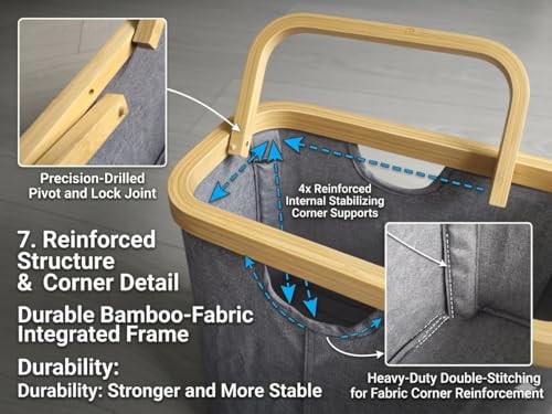 Bamboo Storage Basket with Handles, 45L Large Open-Top Fabric Organizer Bin for Blankets, Toys, Towels and Closet Shelves, Gray, 16.5 x 13.6 x 12.2 In
