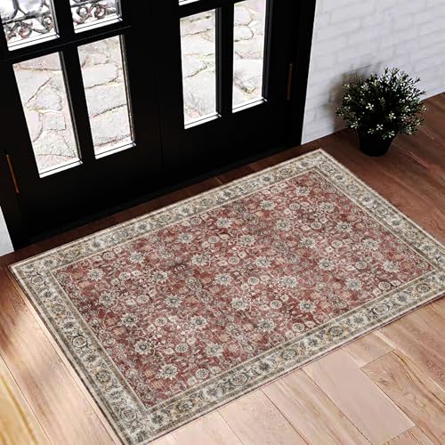 CHAMPLANT Washable Area Rug 2'x3' Door Mat Vintage Distressed Doormat Indoor Entrance Traditional Thin Rug Floral Print Non Slip Carpet for Kitchen Bathroom Bedroom Living Room - color: Dark Red Flowers, size: 2' x 3' (Rectangular)