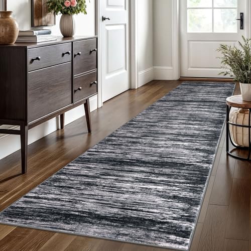 SIILOOM 2.6x10 Washable Runner Rug, Non Slip Area Rug for Hallway Kitchen | Black/White Soft Modern Abstract Spill & Stain Resistant Low Pile Carpet for Entryway Office Laundry Bedroom, Easy Clean - color: Black/White, size: 2'7" x 10' (Runner)