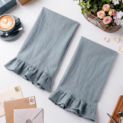 HunnmingRe Dusty Blue Kitchen Towels Set of 2, 100% Cotton Retro Ruffled Dish Towels 18"x28" Absorbent Tea Cloths for Farmhouse Charm, Drying Dishes, Entertaining Guests - color: Dusty Blue, style: Retro