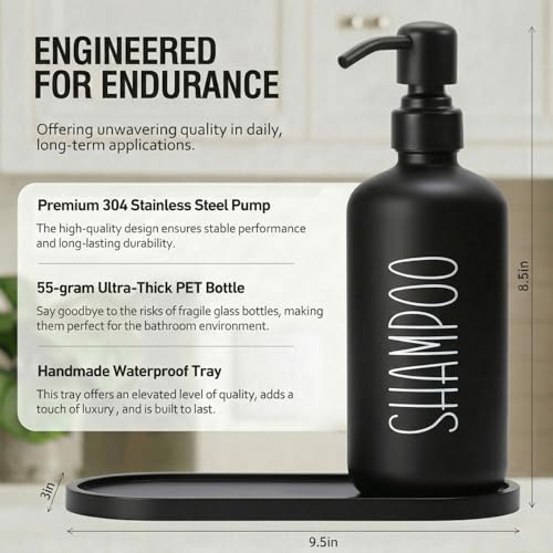 MOMEEMO Reusable Shampoo and Conditioner Bottles with Tray, Black | Shampoo Bottles Refillable with Pump, Pump Bottles for Shampoo and Conditioner, Shower Dispenser Bottles - color: Black Black