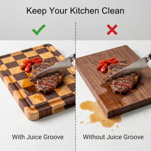 Checkered Cutting Board for Kitchen, 15"x10.4"x1.2" End Grain Cutting Board, Solid Ebony and Rubberwood Butcher Block Cutting Board with Juice Groove, Reversible Wooden Charcuterie Board