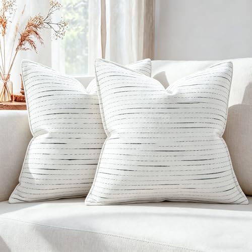 NUYECY Soft Chenille Decorative Throw Pillow Covers 18x18 Set of 2,Cream White Neutral Couch Pillow Covers Striped Textured Farmhouse Pillowcases for Modern Home Decor Bed Sofa Living Room Bedroom - color: Cream White, size: 18" x 18" (Pack of 2)