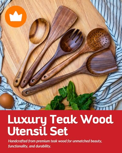 Luxury Teak Wood Utensil Set - Elegant 6-Piece Cooking Ensemble Including Spoons, Server, Scraper & Spatula - Expertly Crafted for Culinary Excellence - color: Luxury Teak Set