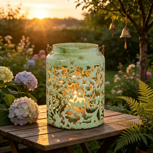 Vintage Metal Candle Lanterns with Handle Rustic Distressed Light Green Decorative Candle Holder with Floral Cut-Out Design for Home, Garden, Patio, Porch, Parties, Weddings Decor - color: Light Green