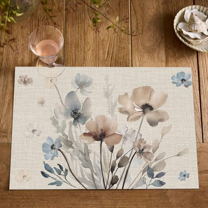 Artoid Mode Brown Poppy Floral Vinyl Plastic Placemats Set of 4, Washable Non-Slip PVC Table Mats for Party Kitchen Dining Decor, 12x18 Inch - size: 12" x 18", Rectangular Set of 4