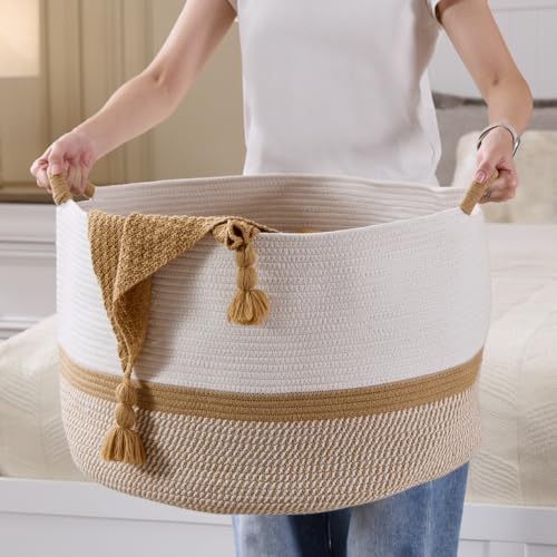 Extra Large Nursery Storage Basket, 20 x 20 x 13.8 inches - 100% Cotton Rope Baskets with Handles, Blanket Basket for Toys, Blankets & Pillows (Gradient Brown) - color: Gradient Brown