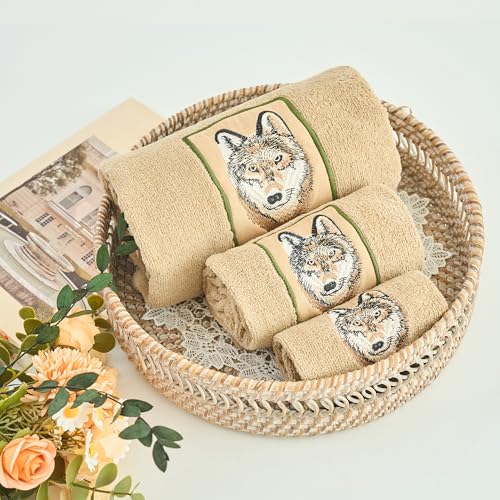 Marina Decoration Premium Luxury Decor Ultra Soft 100% Cotton Embroidered Bathroom Modern 3 Piece Towel Set, Wolf with Taupe Base Pattern - color: Wolf
