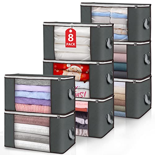 90L Large Storage Bags, 8 Pack Clothes Storage Bins Closet Organizers | Foldable Storage Containers, with Reinforced Handle, for Clothing, Blanket, Comforters, Bed Sheets, Pillows and Toys - color: Grey, size: 8 Pack
