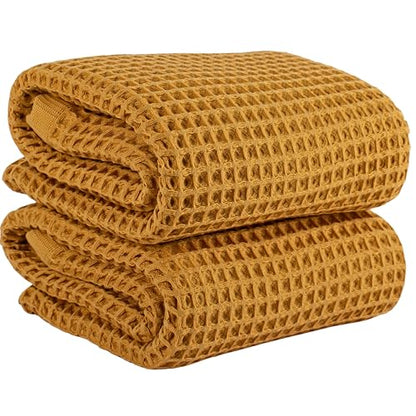 PÜSKÜL 2-Piece Natural 100% Turkish Cotton Waffle Bath Towels Extra-Large | Mustard, 32x63" Bath Sheet Towel, Light Soft Absorbent Quick-Dry Lint-Free Premium Honeycomb Weave Oeko-Tex Made in Turkiye - color: Mustrad Yellow