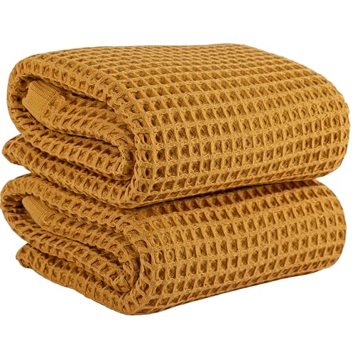 PÜSKÜL 2-Piece Natural 100% Turkish Cotton Waffle Bath Towels Extra-Large | Mustard, 32x63" Bath Sheet Towel, Light Soft Absorbent Quick-Dry Lint-Free Premium Honeycomb Weave Oeko-Tex Made in Turkiye - color: Mustrad Yellow